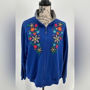 Alfred Dunner Vintage Embroidered Floral Full Zip Sweater Blue XL